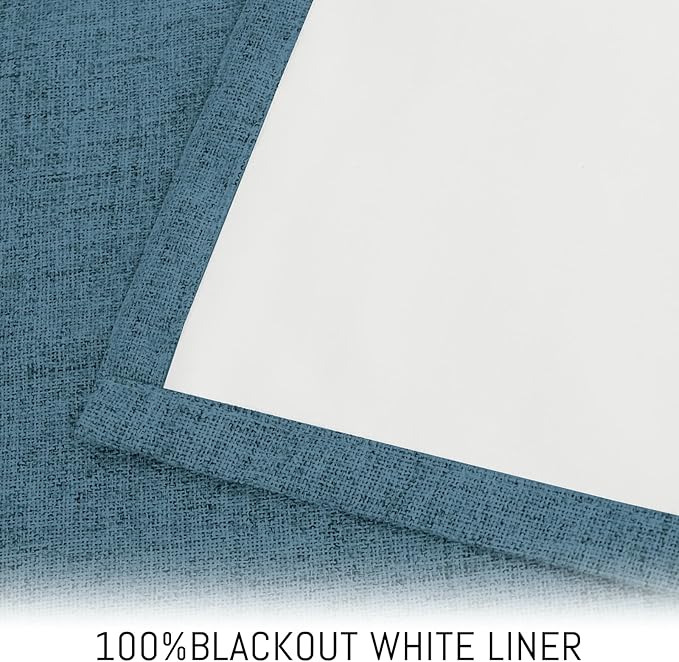 Yakamok Dusty Blue Linen Curtains 100% Blackout 96 Inches Long,Room Darkening Textured Drapes for Living Room Thermal Grommet Bedroom Curtains 2 Panels with White Liner