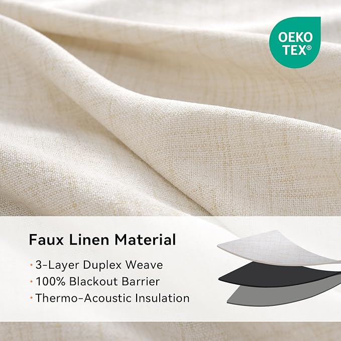 100% Blackout Shield Linen Blackout Curtains for Bedroom, Butter Cream Grommet Curtains for Living Room, Thermal Insulated Room Darkening Drapes for Nursery, Boho Home Decor, 50" W x 72" L, 2 Panels