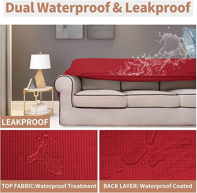 Easy-Going 100% Waterproof Couch Cover, Dual Waterproof Sofa Cover, Stretch Jacquard Sofa Slipcover, Leakproof Furniture Protector for Kids, Pets, Dog and Cat (Oversized Sofa, Christmas Red)