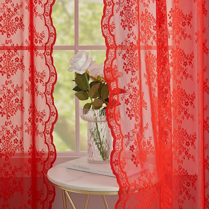 YJ YANJUN Vintage Lace Curtains 96 Inches Long-Victorian Floral Pattern Red Sheer Curtain Panels for Living Room Bedroom,Light Filtering, Xmas Gift for Holiday Decor 2 Panels 52W x 96L