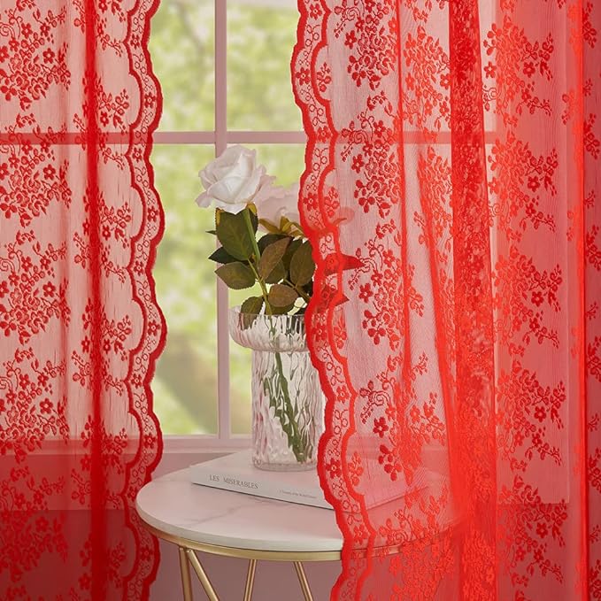 YJ YANJUN Vintage Lace Curtains 84 Inches Long-Victorian Floral Pattern Red Sheer Curtain Panels for Living Room Bedroom,Light Filtering, Xmas Gift for Holiday Decor 2 Panels 52W x 84L