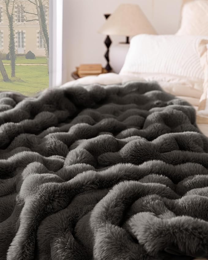 Ultra Soft Cozy Faux Fur Throw Blanket-Fuzzy Plush Thick Bubble Blanket, Fluffy Blanket for Couch, Sofa, Bedroom, and Living Room, 50x60 Inches, Dark Grey Taupe