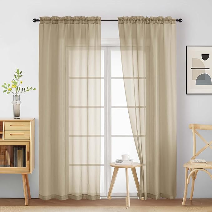 Taupe Sheer Curtains 84 Inches Long 2 Panels, Elegant Airy Transparent Light Filtering Window Curtains, Window Drapes for Living Room Bedroom, Top Dual Rod Pocket Design, 2x42Wx84L Inches