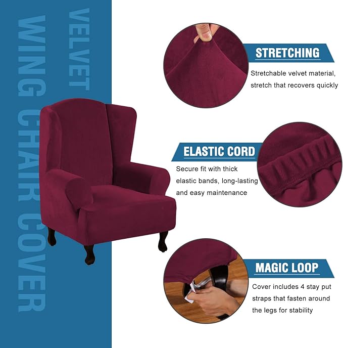 H.VERSAILTEX Wingback Chair Covers Velvet Plush Wing Chair Slipcover 1 Piece High Stretch Wing Back Chair Slipcovers Sofa Cover Furniture Cover with Elastic Bottom, Burgundy