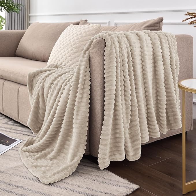 BEDELITE Fleece Throw Blanket for Couch – 3D Ribbed Jacquard Soft and Warm Decorative Fuzzy Blanket – Cozy, Fluffy, Plush Lightweight Linen Throw Blankets for Bed, Sofa, 50x60 inches