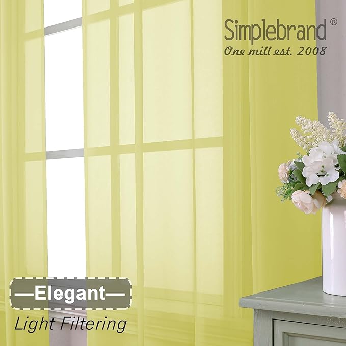 Simplebrand Rod Pocket Top Solid Voile Sheer Curtains for Bedroom, 54 Inch Length Drapes Set of 2, Lightweight and Light Filtering Elegant Lemon Curtains Panels Window Treatment, 42W×54L, Lemon