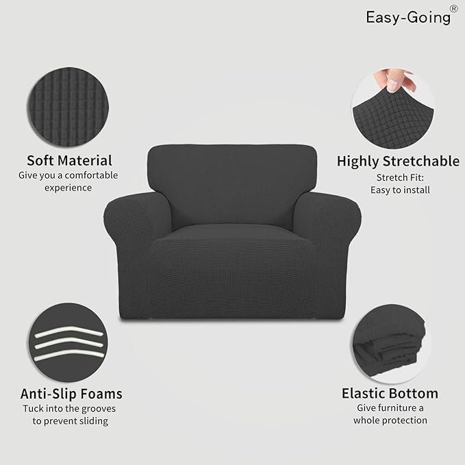 Easy-Going Stretch Oversized Chair Sofa Slipcover 1-Piece Couch Sofa Cover Furniture Protector Soft with Elastic Bottom for Kids Spandex Jacquard Fabric Small Checks Dark Gray