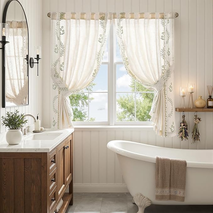 jinchan Belrose Linen Floral Cafe Curtains 54 Inch Length Embroidered Farmhouse Curtains for Kitchen Bedroom Bathroom Small Windows Curtain Set Light Filtering 2 Panels Sage Green