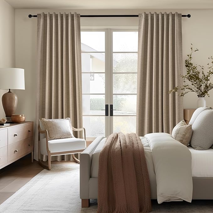 Topfinel Greige 90 Inches Long Blackout Natural Linen Curtains for Bedroom, Chocolate Brown Pinch Pleat Sound Blocking Curtains, Neutral Farmhouse Lined Drapes 2 Panels for Living Room Sliding Door
