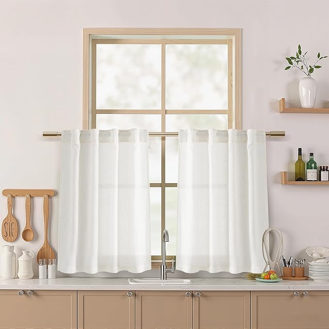 Beige White Linen Curtains for Kitchen Windows Over Sink Neutral 30 Inch Length Back Tab and Rod Pocket Light Filtering Semi Sheer Cafe Curtain for Bathroom RV Small Window 26 x 30 Inch,2 Panels