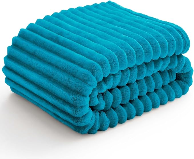 BEDELITE Fleece Throw Blanket for Couch - 300GSM Soft & Warm Fluffy Teal Blanket, Decorative and Giftable Striped Blankets for Women, Men, 50"x60"