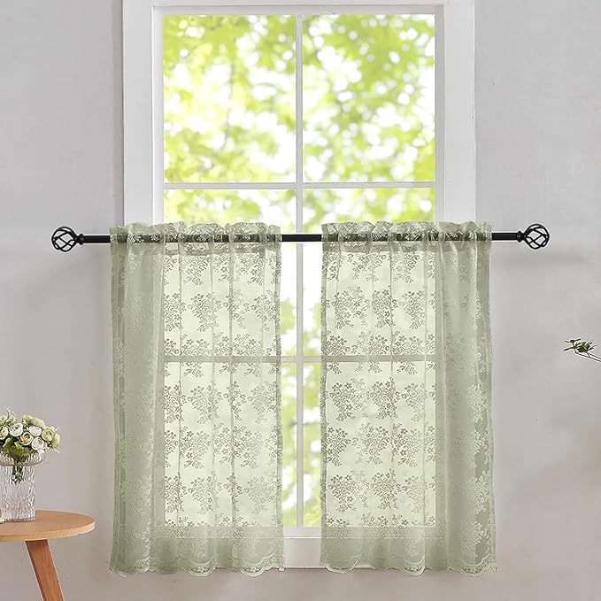 YJ YANJUN Vintage Lace Curtains 24 Inch Length- Boho Short Cafe Curtains for Small Window Light Filtering Scalloped Edges Sheer Drapes for Bathroom Basement Each 26x24 Inch 2 Panels