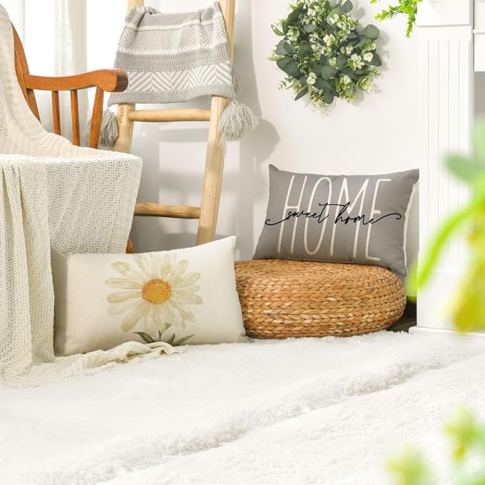 AVOIN colorlife Home Sweet Home Spring Summer Flowers Throw Pillow Covers, 12 x 20 Inch Grey Cushion Case for Sofa Couch Set of 4