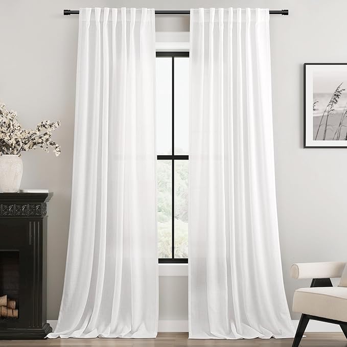 White Curtains 105 inches Long 2 Panels Back Tab Light Filtering Cotton Textured Curtain Modern Farmhouse Coastal Decor Off White Linen Drapes 105 inch Length for Patio Sliding Door Office Bedroom