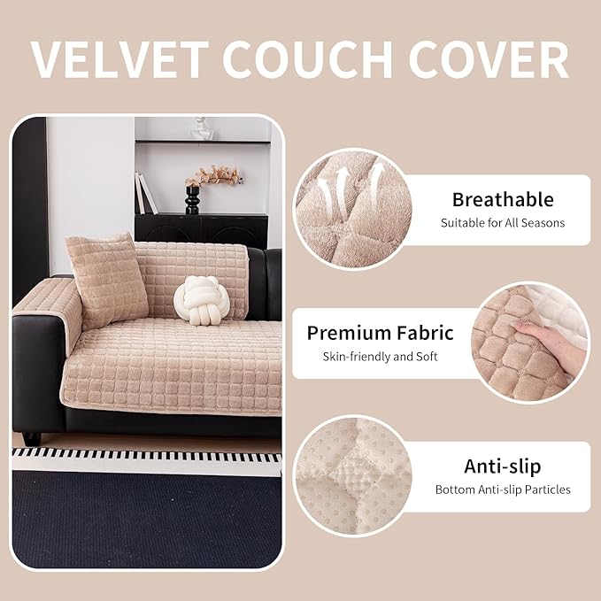 Velvet Couch Cover, Washable Sectional Sofa Cover, Anti Slip Sofa Slipcover for 3 Cushion Couch Sofa L Shaped Armrest Backrest, Furniture Protector Covers for Pets Kids(Khaki, Only 1 PCS)