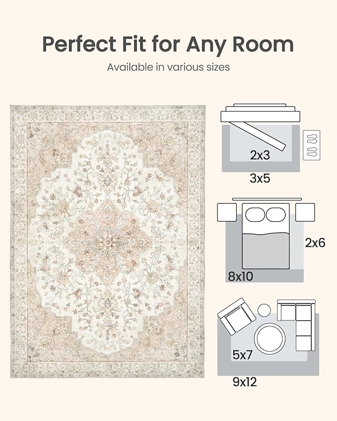 AMADA HOMEFURNISHING 8x10 Washable Area Rug, Low-Profile Large Area Rug with Non-Slip Backing & Durable Edge Binding, Vintage Large Rugs for Living Room, Bedroom, Dinning Room