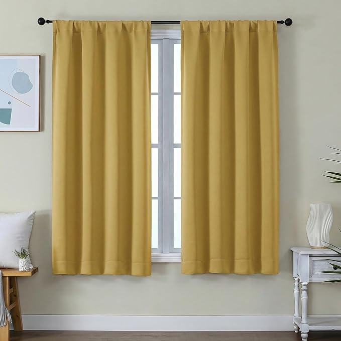 Simplebrand Ava Bright Gold Blackout Curtains for Bedroom 63 Inch Length 2 Panels Set, Privacy Thermal Insulated Rod Pocket Door Window Curtains for Patio French Door Front Door, W40 x L63 Inch