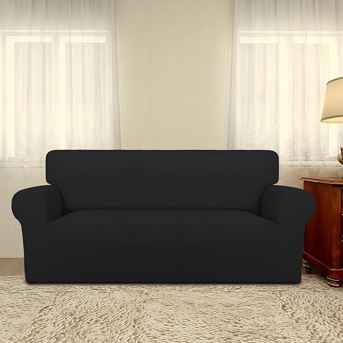 PureFit Super Stretch Sofa Slipcover – Spandex Non Slip Soft Couch Sofa Cover, Washable Furniture Protector with Non Skid Foam and Elastic Bottom for Kids, Pets (Oversized Loveseat, Black)