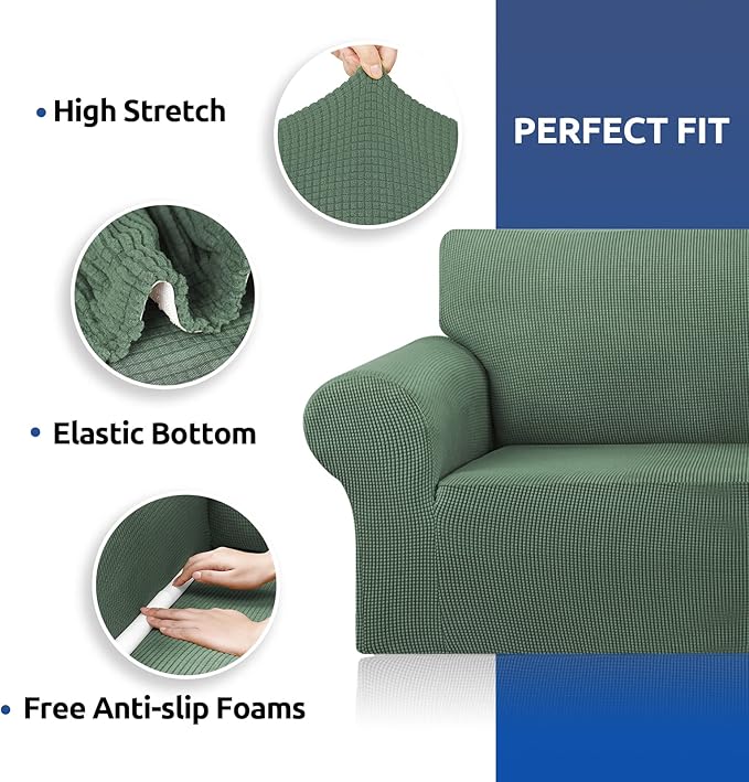 KEKUOU Stretch Loveseat Sofa Cover Slipcover,Couch Covers for 2 Cushion Couch Sofa (55"-78") Furniture Protector Sofa with Elastic Bottom for Kid,Dog. Jacquard Small Checked (Medium,Greyish Green)