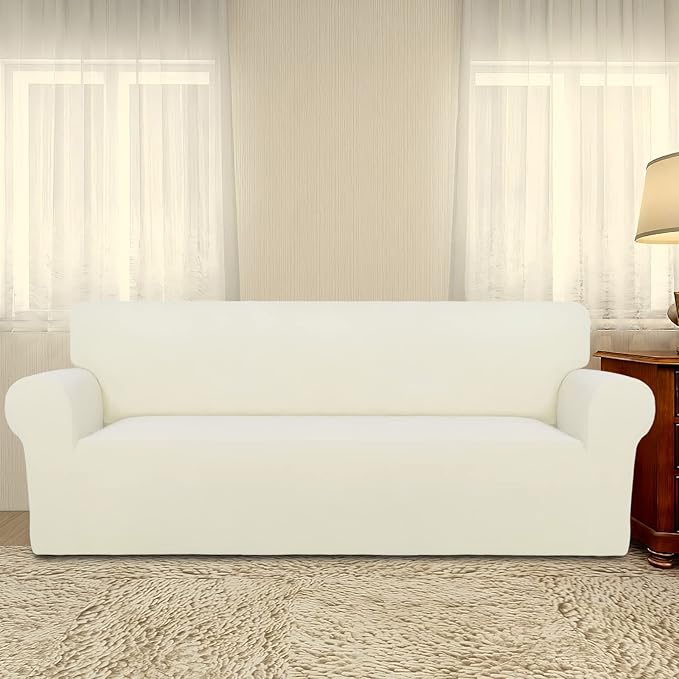 PureFit Super Stretch Sofa Slipcover – Spandex Non Slip Soft Couch Sofa Cover, Washable Furniture Protector with Non Skid Foam and Elastic Bottom for Kids, Pets （Oversized Sofa, Ivory）