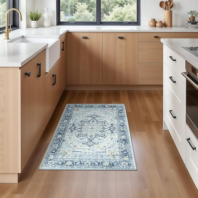 Lofus 2x3 Washable Rug for Entryway Bathroom, Non Slip Kitchen Mats for Floor, Vintage Soft Door Mat Indoor Entrance, Small Area Rugs, Farmhouse Carpet for Entry Living Room Bedroom, Blue Gold