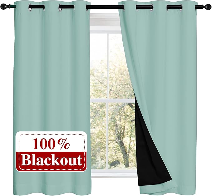 NICETOWN 100% Blackout Curtains 54 inches Long, Double-Deck Completely Blackout Window Treatment Thermal Insulated Lined Drapes for Small Window (Aqua Blue, 1 Pair, 42 inches Width Each Panel)