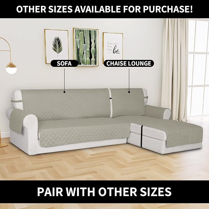 Easy-Going Reversible Chaise Lounge Couch Cover Water Resistant Sofa Cover Sectional L Shaped Sofa Slipcover with Adjustable Straps Furniture Protector for Dogs (115X34 in, Beige/Beige)