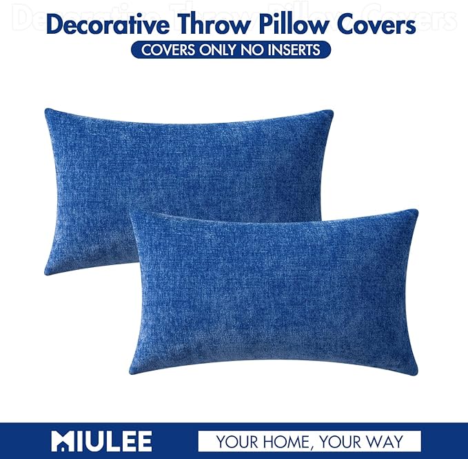 MIULEE Pack of 2 Couch Throw Pillow Covers 12x20 Inch Soft Royal Blue Chenille Lumbar Pillow Covers for Sofa Living Room Solid Dyed Cases