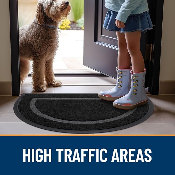OLANLY Half Circle Door Mat Indoor Outdoor Entrance Welcome, Waterproof All-Season, All-Weather Doormat, Sturdy Natural Rubber, Low Profile, Easy Clean Patio Porch Entryway Mat, 59x23, Black