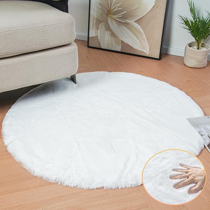ORINOVA White Faux Rabbit Washable Fur Area Rugs Circle Rugs for Living Room Bedroom Teen Room Fluffy Area Rug 3ft Round Rug
