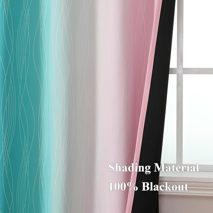 Estelar Textiler Pink and Teal Blackout Curtains 102 Inch Length 2 Panels Set, Thermal Insulated Ombre Grommet Drapes for Bedroom, Full Room Darkening Gradient Curtains for Living Room, 52Wx102L