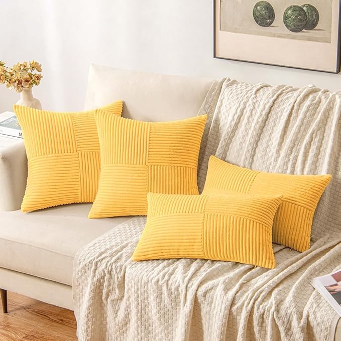 MIULEE Yellow Decorative Throw Pillow Covers 18x18 Inch for Couch Bed Sofa Pack of 2 Boho Farmhouse Throw Pillows Soft Cross Corduroy Patchwork Textured Cushion Cases