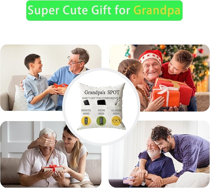 ONFAON Grandpa Gifts,Grandpa's Spot Throw Pillow Covers 18x18 Inch,Put Phone Glasses and Remote Control Pillowcase,Birthday Christmas Thanksgiving Day Gifts for Grandpa Stepdad,3-Pocket