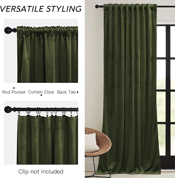 RYB HOME Olive Green Velvet Curtains 90 inches Long - Room Darkening Luxury Window Treatment Privacy Thermal Insulated Backdrops for Living Room, 52 inch x 90 inches, 2 Panels Set