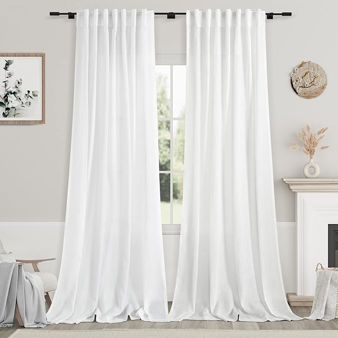 Linen White Curtains 120 inch Extra Long for Living Room Back Tab Light Filtering Semi Sheer Drapes Modern Farmhouse Coastal Decor Off White Cotton Curtain for Floor to Ceiling Window 10 FT