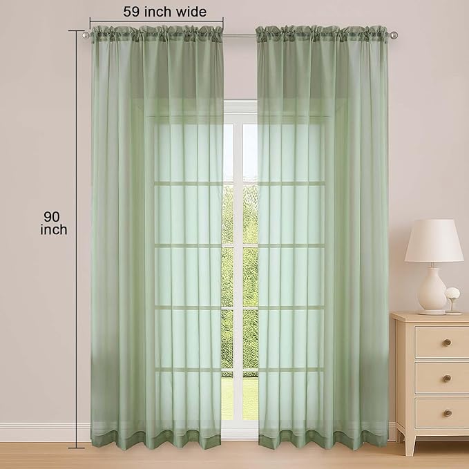 OWENIE Sage Green Sheer Curtain 90 Inches Long 2 Panels Set, Solid Filmy Drapes for Living Room Bedroom, Elegant Window Voile Sheer Curtain Panels Drapes, 2 Pcs, Each 59W x 90L Inch