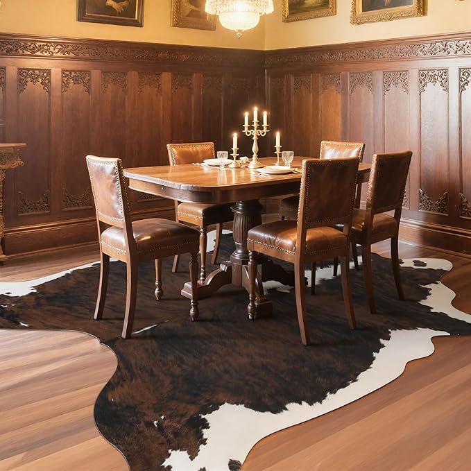 AROGAN Western Decor Faux Fur Cowhide Rug, 4.6x5.2 Feet Premium Animal Skin Cow Hide Rug, Sturdy Cow Print Rugs for Wall Decor, Western Floor Carpet for Bedroom Living Room, Black and Brown