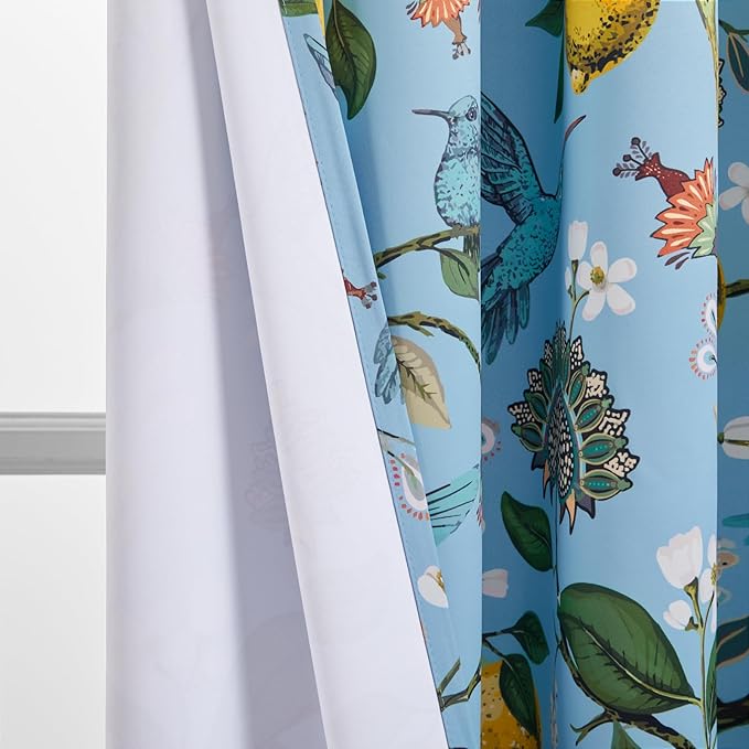 Topfinel Kitchen Curtains 45 Inch Length Blue Vintage Blackout Curtains for Cafe Kitchen, Short Grommet Luxury Whimsical Floral Hummingbird Patterned 45 Inches Long for Living Room Bedroom