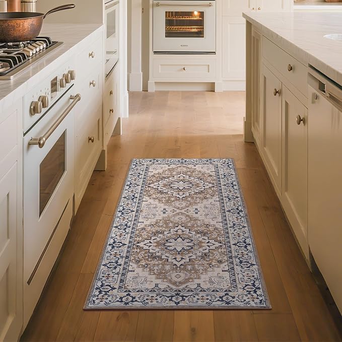 Lofus 2x5 Runner Rug for Hallways, Washable Kitchen Rugs, Non-Slip Rugs for Entryway and Bedroom, Vintage Boho Carpet, Soft Low Pile Long Runner Area Rug, Floral Brown