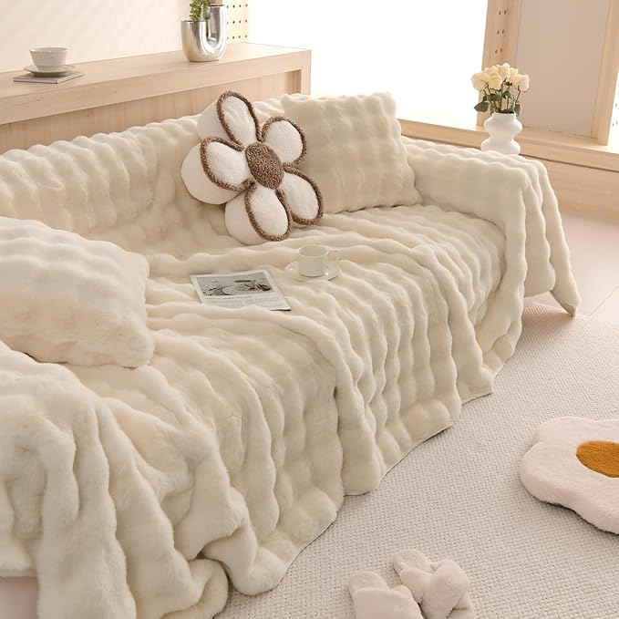 HANDONTIME Shaggy Couch Cover for Dogs Rabbit Plush Loveseat Cover Dog Couch Cover Protector Plush Faux Fur Couch Covers for Sectional Sofa Cozy Washable Sofa Covers for Living Room, 71" X118", Beige