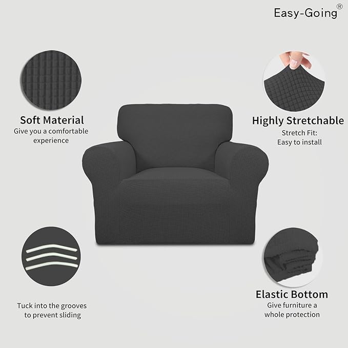 Easy-Going Stretch Chair Sofa Slipcover 1-Piece Couch Sofa Cover Furniture Protector Soft with Elastic Bottom for Kids, Pet. Spandex Jacquard Fabric Small Checks (Chair, Dark Gray)