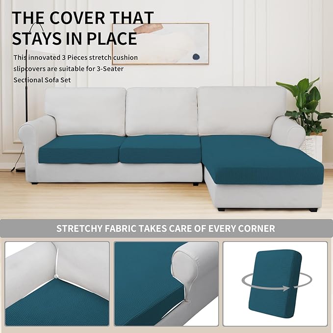 Easy-Going Stretch 3 Pieces Couch Cushion Covers for Sectional Sofa Left/Right L Shape Chaise Lounge Sofa Seat slipcover Anti-Slip Sofa Cover Soft (2 Seater + 1 Chaise, Peacock Blue)