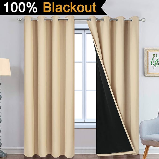 Yakamok 100% Blackout Curtains with Black Lined Thermal Insulated Light Blocking Curtains Heat Blocking Drapes for Bedroom(52Wx96L, Beige, 2 Panels)
