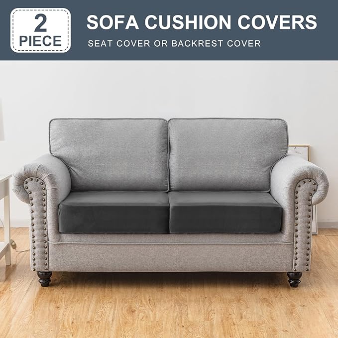 Couch Cover Stretch Velvet Sofa Cushion Cover 2-Piece - Elastic Washable Slipcover for Seat or Backrest, Couch Seat Covers for Sofas (Grey)