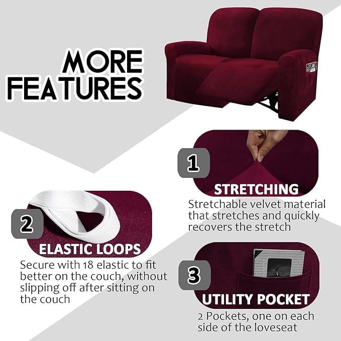 ULTICOR Reclining Love Seat Slipcover, 48" - 65" L, 6-Piece Velvet Stretch Loveseat Reclining Sofa Covers, 2 seat Love seat Recliner Cover, Thick, Soft, Washable (Burgundy - Wine)
