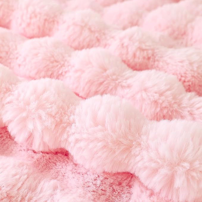 COOVA Faux Fur Throw Blanket for Couch, Cozy Soft and Fuzzy Plush Rabbit Fur Bubble Blanket for Sofa Bedroom Living Room, 60x80 Inches Light Pink