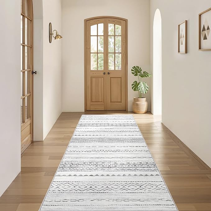 Nakagishi Runner Rug Kitchen Washable Rugs: 3x8 Non-Slip Boho Soft Modern Stain Resistant Indoor Floor Neutral Farmhouse Throw Carpet for Hallway Bathroom Laundry Room Entryway Bedroom- Grey