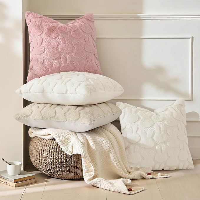 decorUhome Easter Bunny Pillow Covers 20x20 Inch Set of 2, Soft Plush Faux Wool Jacquard Pink Rabbit Cushion Covers, Farmhouse Neutral Spring Easter Holiday Decor for Couch Sofa Bed