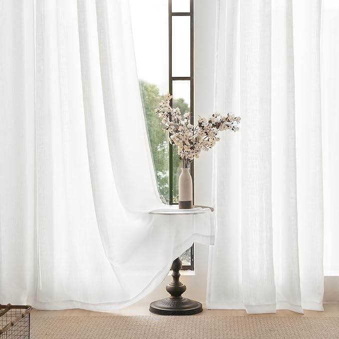 White Curtains 92 inches Long 2 Panels Back Tab Light Filtering Cotton Textured Curtain Modern Farmhouse Coastal Decor Off White Linen Drapes 92 inch Length for Patio Sliding Door Office Bedroom