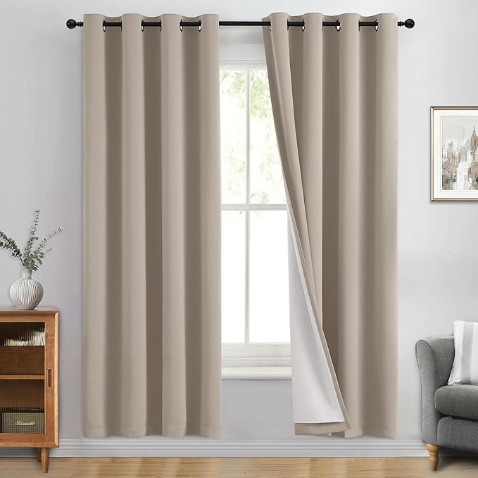 Yakamok 100% Blackout Curtain Panels 72 inches Cold and Light Blocking Drapes for Nursery, 2 Thick Layers Thermal Insulated Draperies (2 Pieces, 50 Wide Each Panel, Natural Front with White Backing)